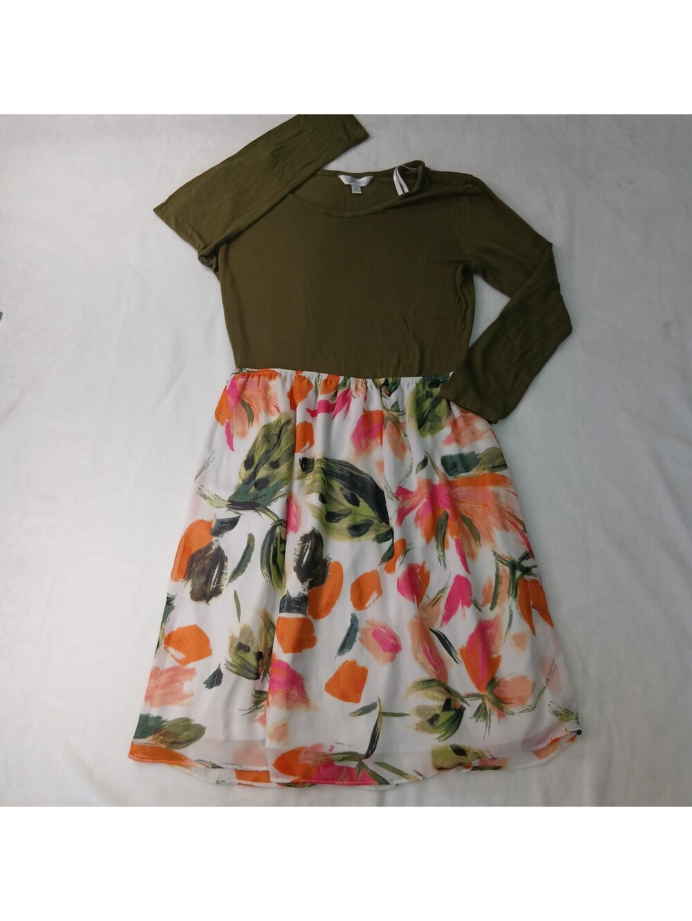 Charming Charlie Long Sleeve Dress Small S Olive Green Floral Watercolor